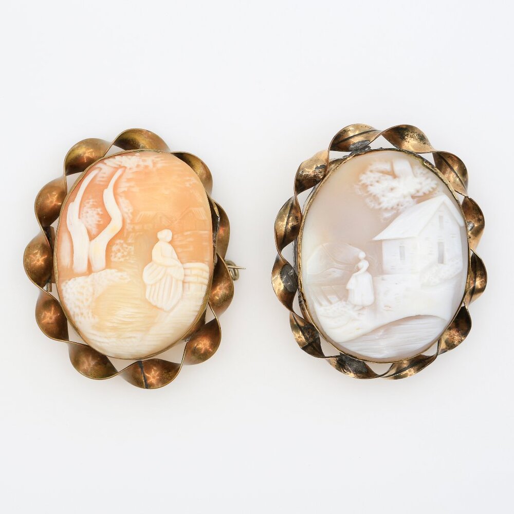 Antique Victorian Rebecca at the Well Hand-Carved Cameo GF‎ Brooch Pair 1880s